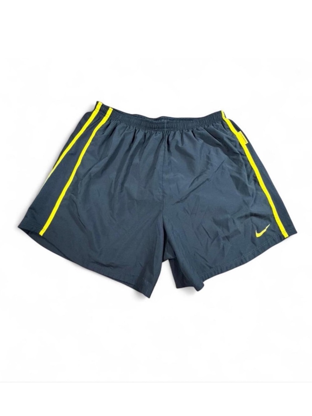 Nike Dri-FIT running shorts in black with neon yellow side stripe and swoosh XL